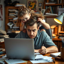 An exhausted father sitting at his desk, focused on finishing his screenplay on his laptop