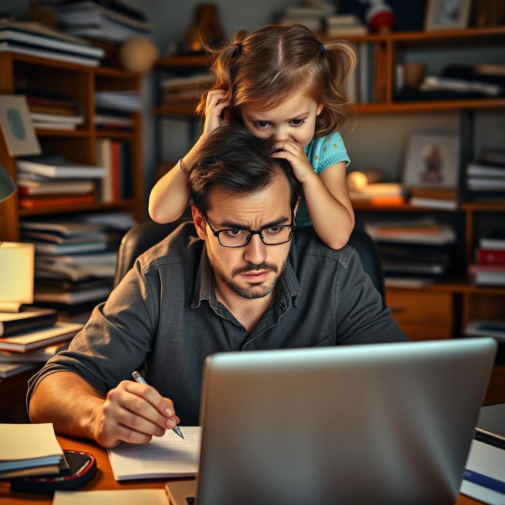 An exhausted father sitting at his desk, focused on finishing his screenplay on his laptop