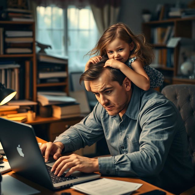 An exhausted father sitting at his desk, focused on finishing his screenplay on his laptop