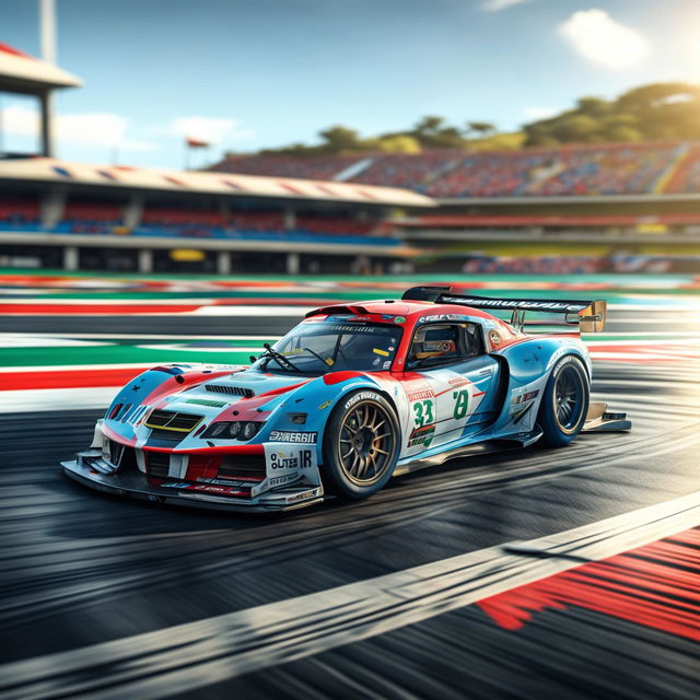 The image is a high-quality digital art representation of a Costa Rican race car on a professional track