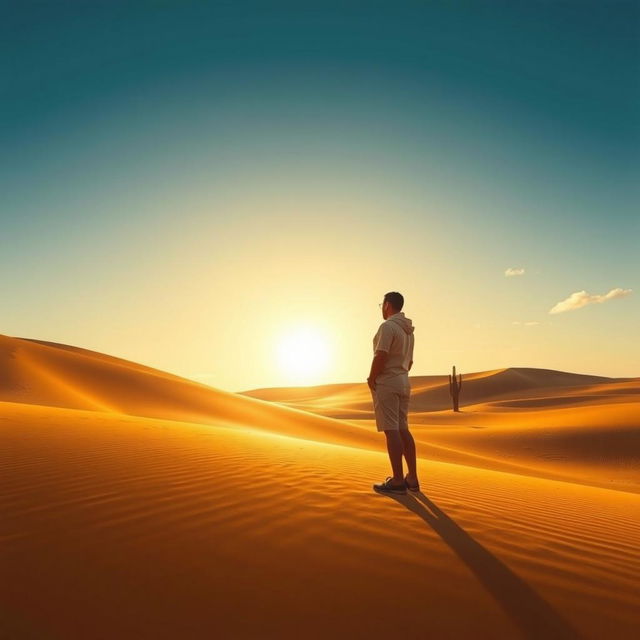 A human figure standing in the vast expanse of a desert, surrounded by tall, golden sand dunes under a brilliant blue sky