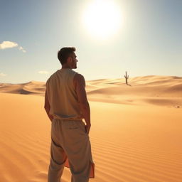 A human figure standing in the vast expanse of a desert, surrounded by tall, golden sand dunes under a brilliant blue sky