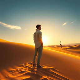 A human figure standing in the vast expanse of a desert, surrounded by tall, golden sand dunes under a brilliant blue sky