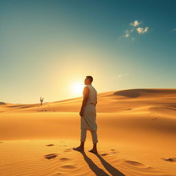 A human figure standing in the vast expanse of a desert, surrounded by tall, golden sand dunes under a brilliant blue sky