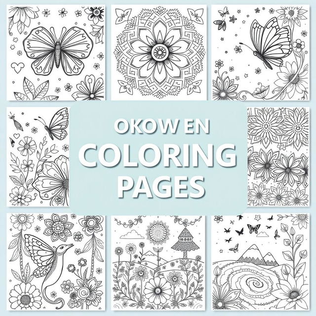 A collection of intricate and engaging coloring pages featuring a variety of themes, including whimsical animals, beautiful floral patterns, intricate mandalas, and enchanting landscapes