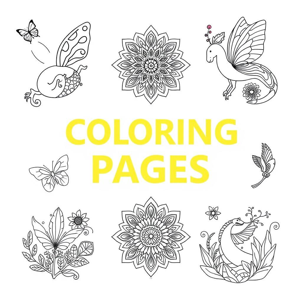 A collection of intricate and engaging coloring pages featuring a variety of themes, including whimsical animals, beautiful floral patterns, intricate mandalas, and enchanting landscapes