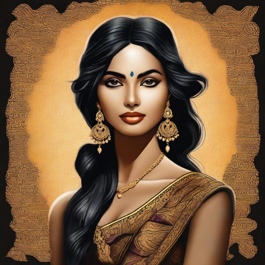 The digital art image presents a stunning portrayal of a woman with features reminiscent of South Indian heritage