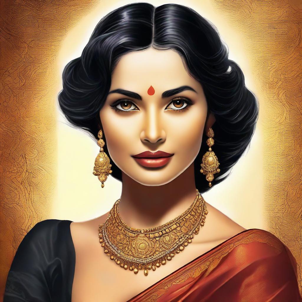 The digital art image presents a stunning portrayal of a woman with features reminiscent of South Indian heritage