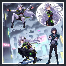 A character featuring long flowing hair, wearing a futuristic cyberpunk outfit with neon accents, standing in various dynamic poses