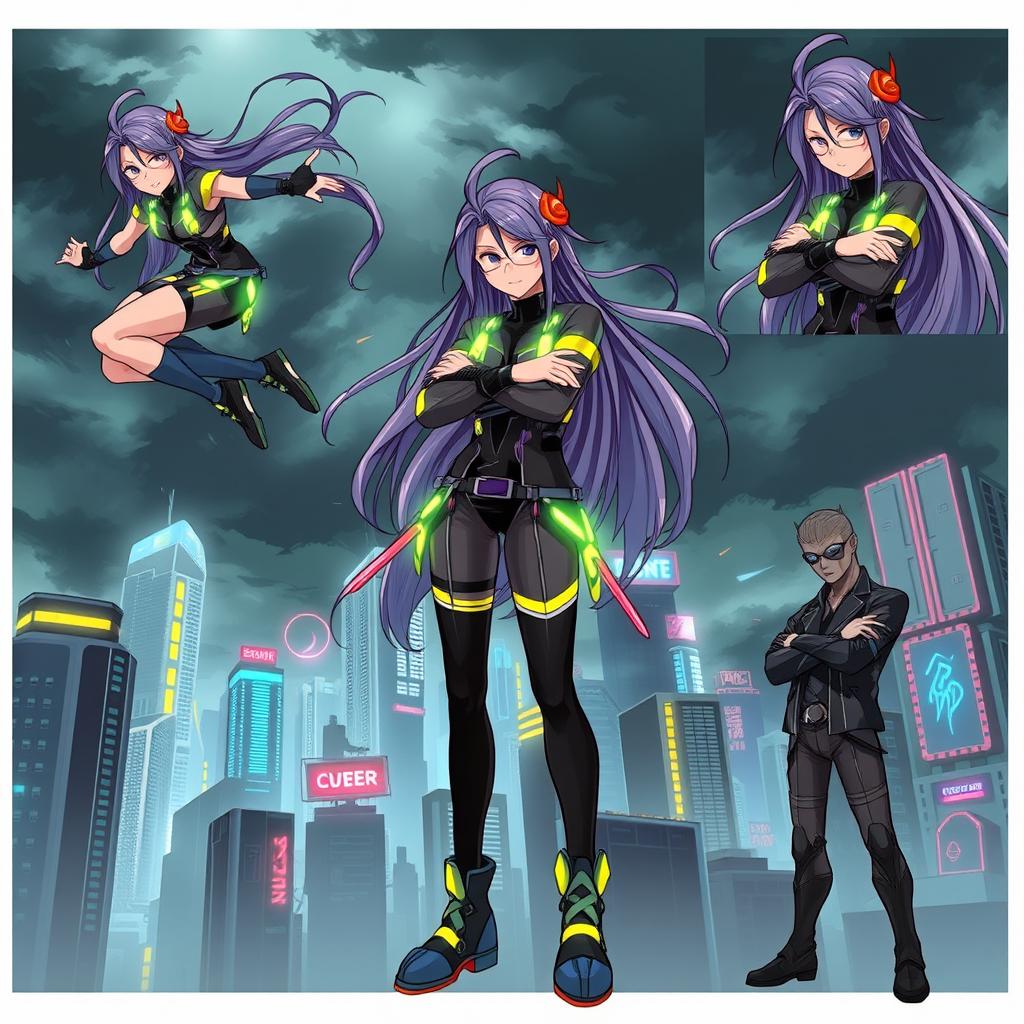 A character featuring long flowing hair, wearing a futuristic cyberpunk outfit with neon accents, standing in various dynamic poses