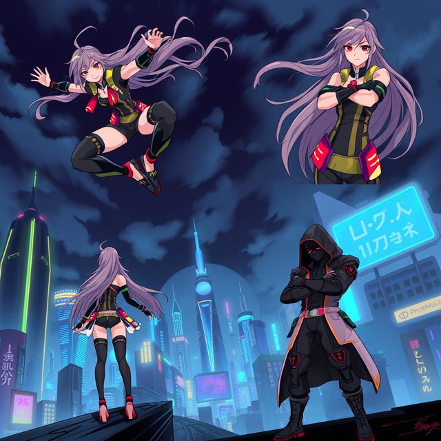 A character featuring long flowing hair, wearing a futuristic cyberpunk outfit with neon accents, standing in various dynamic poses