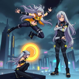 A character featuring long flowing hair, wearing a futuristic cyberpunk outfit with neon accents, standing in various dynamic poses