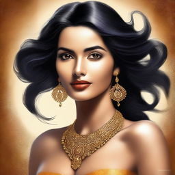 The digital art image presents a stunning portrayal of a woman with features reminiscent of South Indian heritage