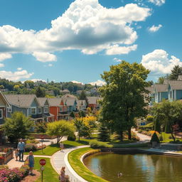 A picturesque residential city, showcasing a harmonious blend of modern architecture and lush green parks