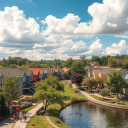 A picturesque residential city, showcasing a harmonious blend of modern architecture and lush green parks