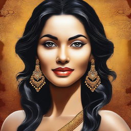 The digital art image presents a stunning portrayal of a woman with features reminiscent of South Indian heritage