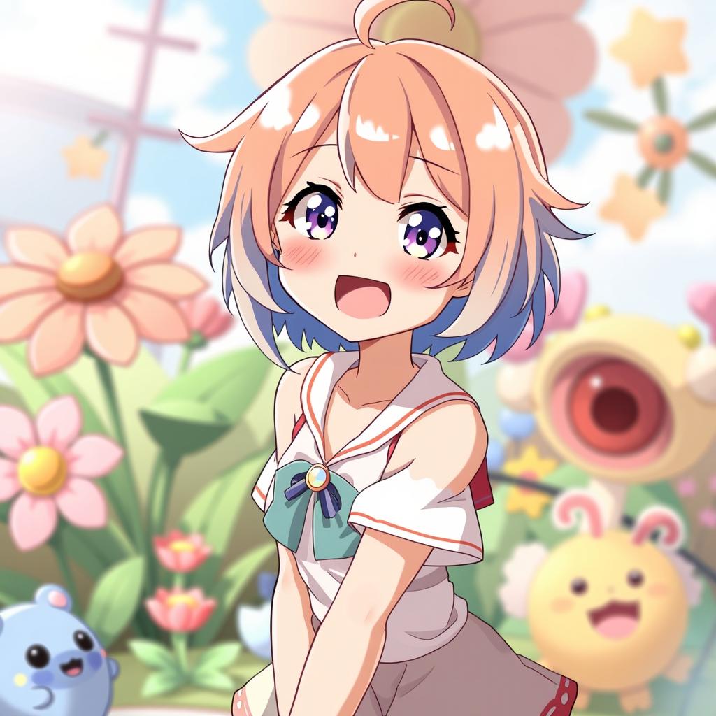 An expressive anime character depicted in a playful and light-hearted scene, showcasing her vibrant personality