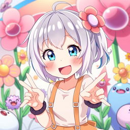 An expressive anime character depicted in a playful and light-hearted scene, showcasing her vibrant personality