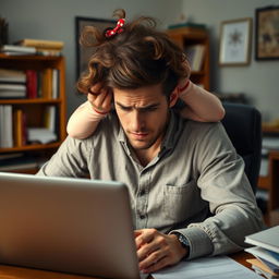 An exhausted father sitting at his desk, diligently working on his screenplay on his laptop