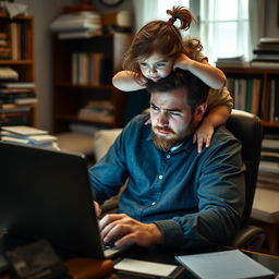 An exhausted father sitting at his desk, diligently working on his screenplay on his laptop