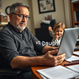 From the writer's perspective, an exhausted father sits at his desk, intently focused on his laptop where the words "Daddy vs Daughter" are prominently displayed on the screen