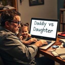 From the writer's perspective, an exhausted father sits at his desk, intently focused on his laptop where the words "Daddy vs Daughter" are prominently displayed on the screen