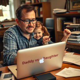 From the writer's perspective, an exhausted father sits at his desk, intently focused on his laptop where the words "Daddy vs Daughter" are prominently displayed on the screen