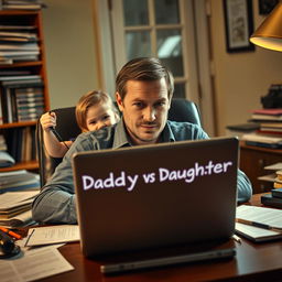 From the writer's perspective, an exhausted father sits at his desk, intently focused on his laptop where the words "Daddy vs Daughter" are prominently displayed on the screen