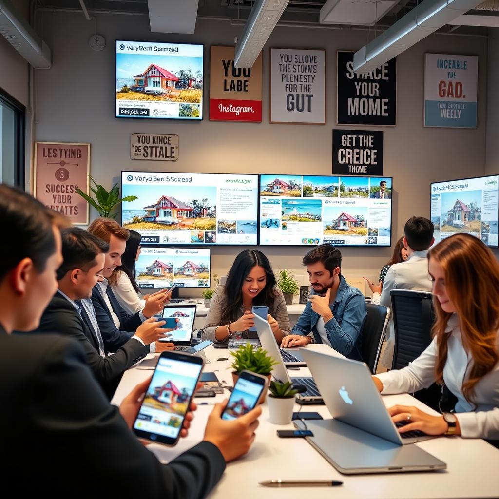 A vibrant and energetic office scene showing real estate agents actively engaging with potential clients via their smartphones and laptops, surrounded by eye-catching property listings displayed on large screens