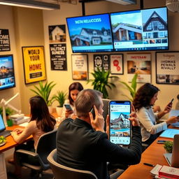 A vibrant and energetic office scene showing real estate agents actively engaging with potential clients via their smartphones and laptops, surrounded by eye-catching property listings displayed on large screens