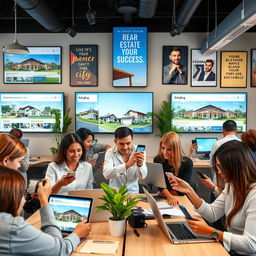 A vibrant and energetic office scene showing real estate agents actively engaging with potential clients via their smartphones and laptops, surrounded by eye-catching property listings displayed on large screens