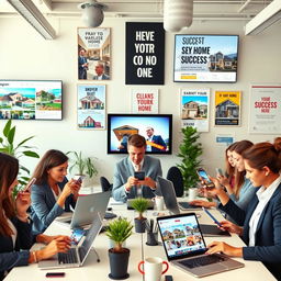 A vibrant and energetic office scene showing real estate agents actively engaging with potential clients via their smartphones and laptops, surrounded by eye-catching property listings displayed on large screens