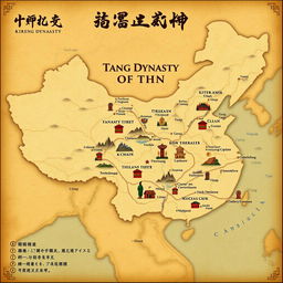 A detailed map illustration depicting the vast territories of the Tang Dynasty, showcasing its borders stretching across ancient China, including regions such as modern-day Tibet, Xinjiang, parts of Mongolia, and the Korean Peninsula