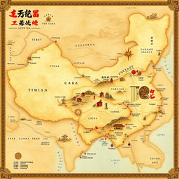 A detailed map illustration depicting the vast territories of the Tang Dynasty, showcasing its borders stretching across ancient China, including regions such as modern-day Tibet, Xinjiang, parts of Mongolia, and the Korean Peninsula