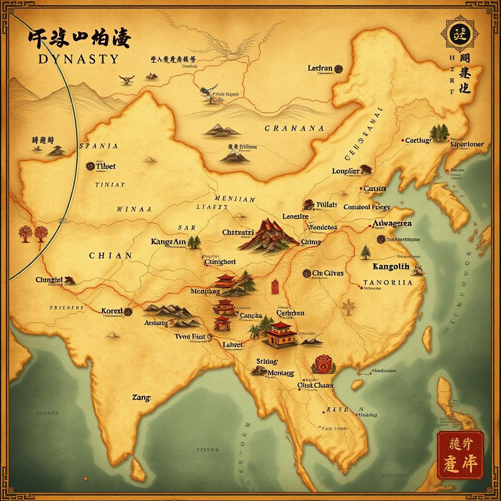 A detailed map illustration depicting the vast territories of the Tang Dynasty, showcasing its borders stretching across ancient China, including regions such as modern-day Tibet, Xinjiang, parts of Mongolia, and the Korean Peninsula