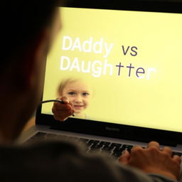 Through the writer’s eyes, we view a glowing laptop screen displaying the bold title ‘Daddy vs Daughter’