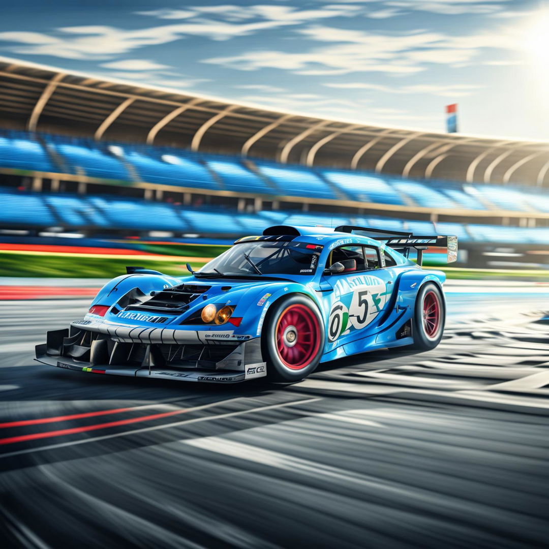 The image is a high-quality digital art representation of a Salvadoran race car on a professional track