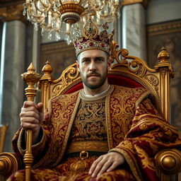 A majestic king seated on an ornate throne, adorned in a lavish royal robe decorated with intricate gold patterns