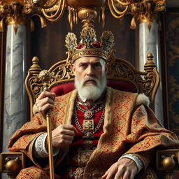 A majestic king seated on an ornate throne, adorned in a lavish royal robe decorated with intricate gold patterns