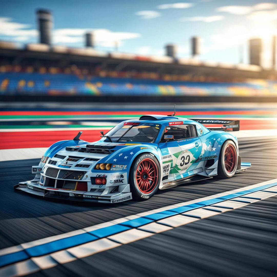 The image is a high-quality digital art representation of a Honduran race car on a professional track