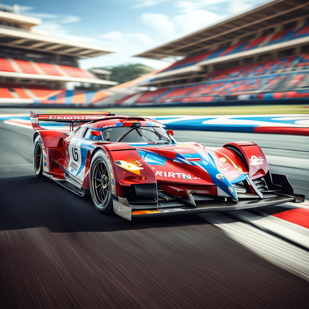 The image is a high-quality digital art representation of a Panamanian race car on a professional track