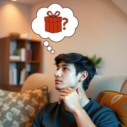 A young man with a thoughtful expression, sitting on a cozy sofa