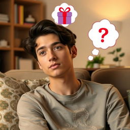 A young man with a thoughtful expression, sitting on a cozy sofa