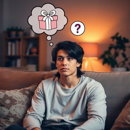 A young man with a thoughtful expression, sitting on a cozy sofa
