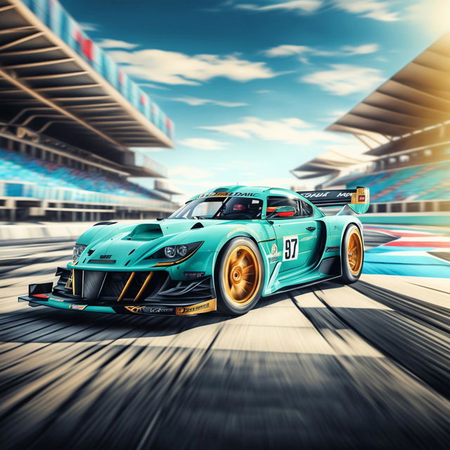 The image is a high-quality digital art representation of a Bahamian race car on a professional track