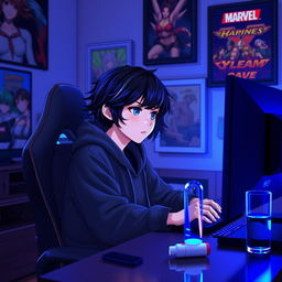 A 19-year-old girl with short black wavy hair styled in a wolf cut, sitting in front of her gaming PC while intensely playing Tekken 8