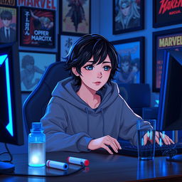 A 19-year-old girl with short black wavy hair styled in a wolf cut, sitting in front of her gaming PC while intensely playing Tekken 8