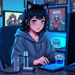 A 19-year-old girl with short black wavy hair styled in a wolf cut, sitting in front of her gaming PC while intensely playing Tekken 8