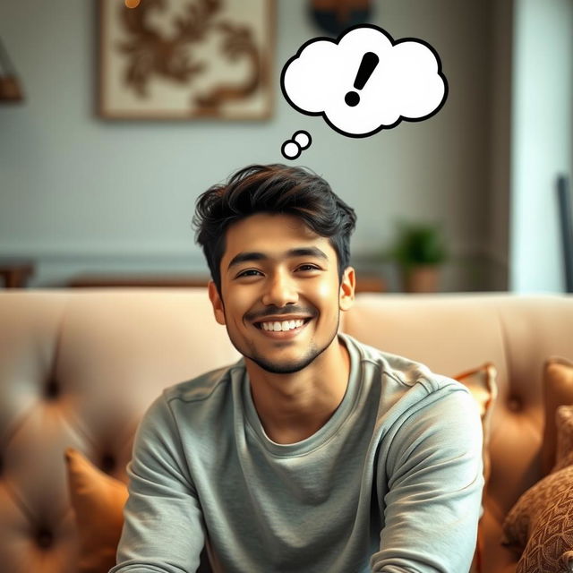 A young man with a bright smile, sitting on a comfortable sofa