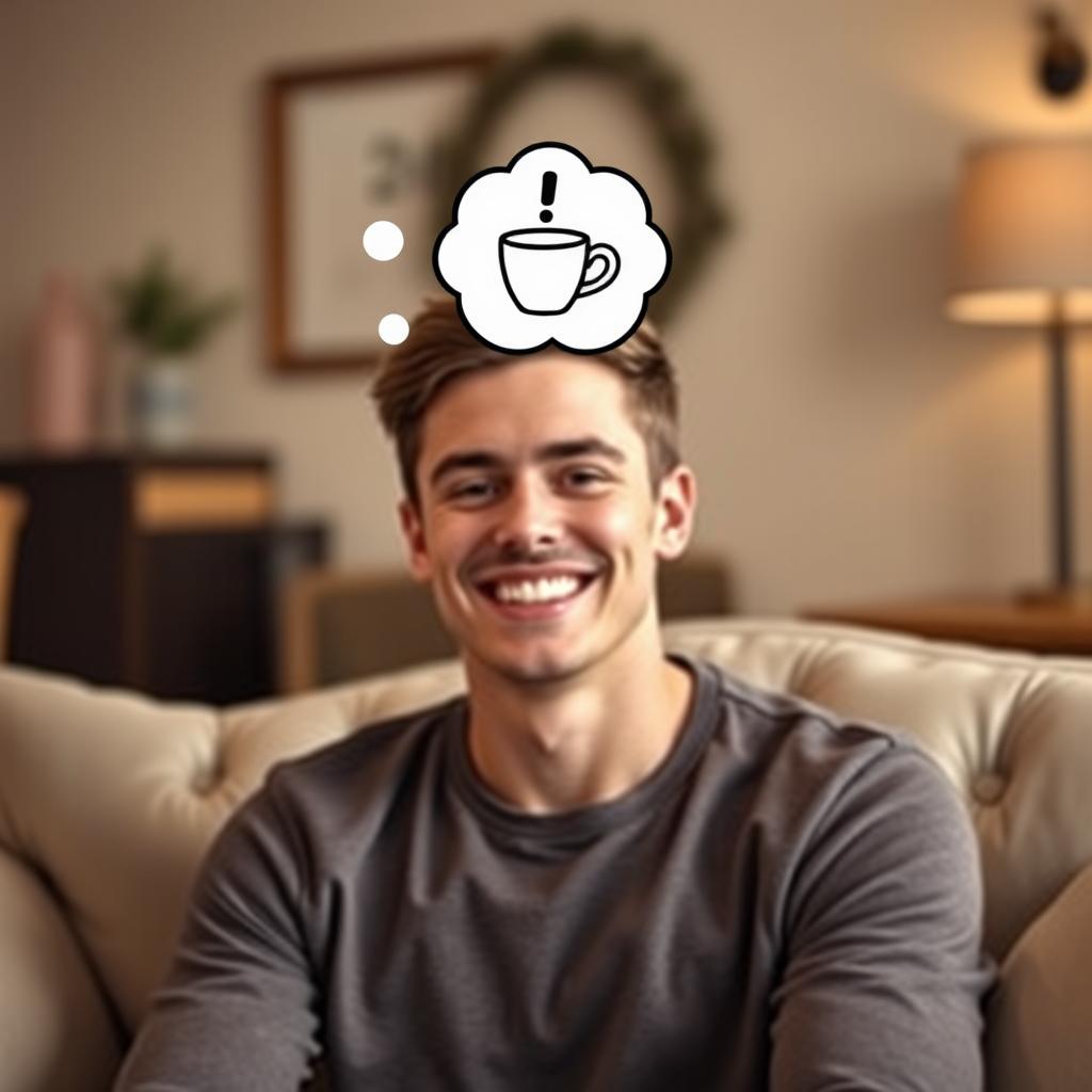 A young man with a bright smile, sitting on a comfortable sofa